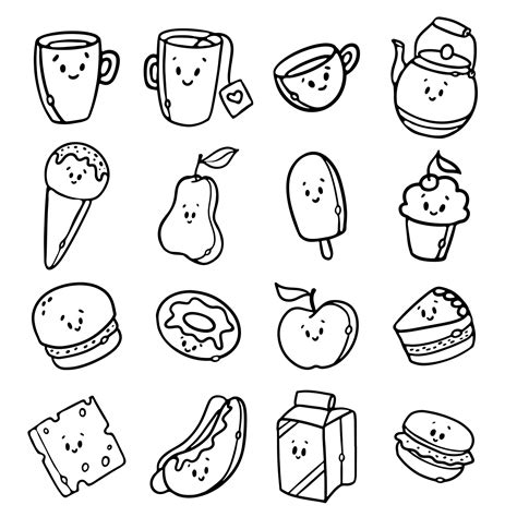 Cute Kawaii Fast Food Meal Outline Doodle Cartoon Style For Coloring