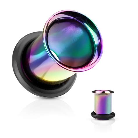 Pair Rainbow Single Flare Tunnels Ear Plugs Gauges Pvd Plated Surgical