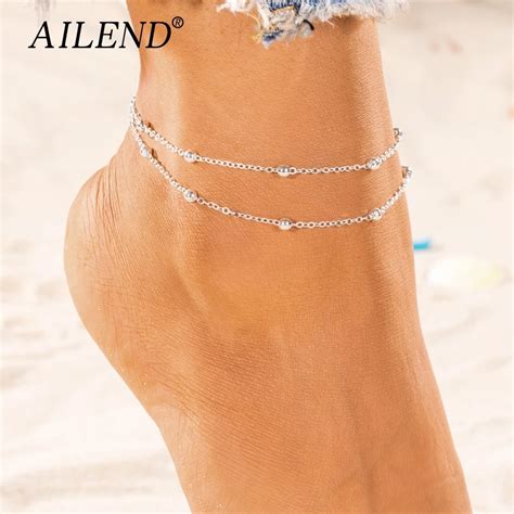Ailend New Fashion Ladies Anklet Double Chain Beads Anklet Summer Sandals Beach Jewelry In