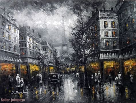 Painting Paris Eiffel Tower 1890s Black And White Street Scene Stretched