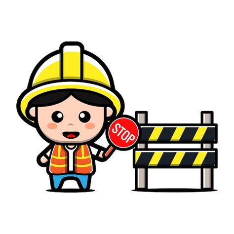 Premium Vector Cute Builder Holding Stop Sign Cartoon Character