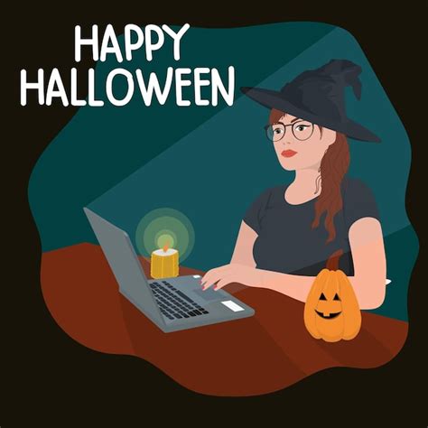premium vector woman in witch costume celebrate halloween online