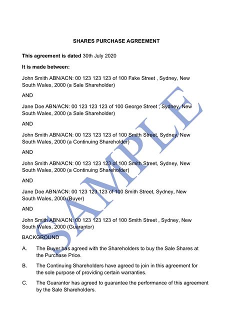 Share Purchase Agreement Free Template Sample Lawpath