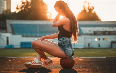 Wallpaper Sitting Ball Sneakers Jean Shorts Stadium Women Outdoors Depth Of Field