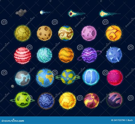 Pixel Game Space Planets And Stars Asteroids Set Stock Vector
