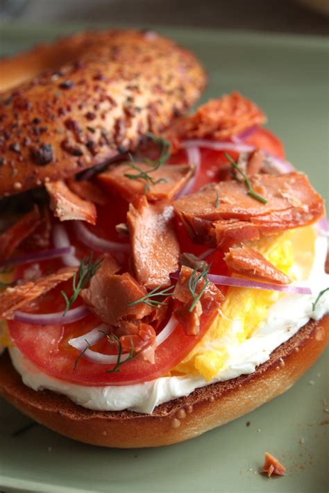Sandwiches with smoked salmon with cream cheese, arugula. Smoked Salmon Breakfast Bagel - Country Cleaver