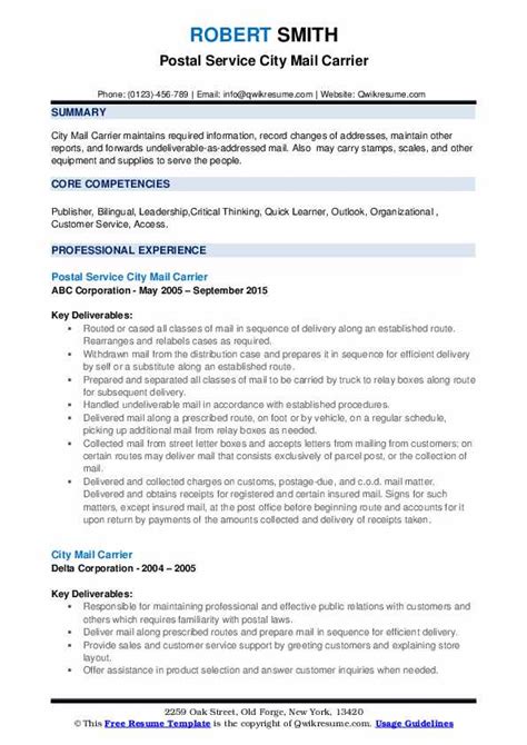 It describes the candidate's relevant experience, skills, and achievements. City Mail Carrier Resume Samples | QwikResume