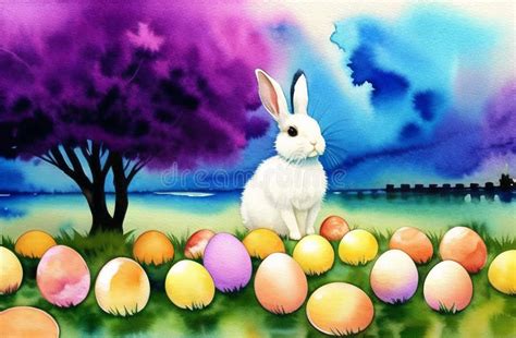 Watercolor Painting Easter Bunny Eggs Landscape Easter Theme Design