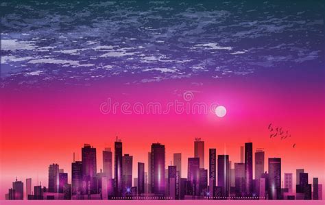 Modern Night City Skyline In Moonlight Or Sunset With Reflection In
