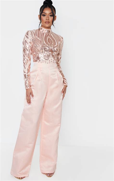 Rose Gold Sequin Bodice Long Sleeve Satin Jumpsuit Prettylittlething