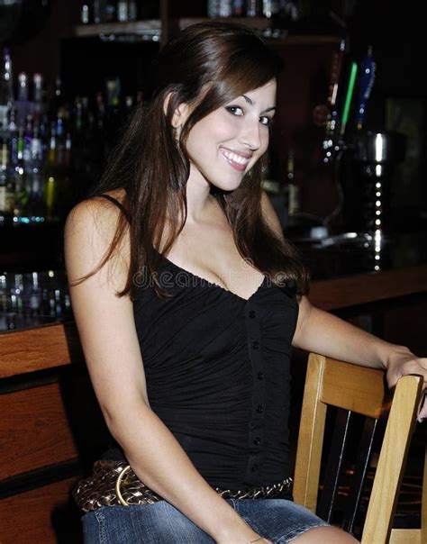 Pretty Brunette At The Bar Stock Image Image Of Smile