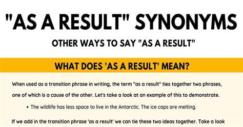 Result (singular) is more abstract, referring either to: As A Result Synonym: 20 Different Ways To Say "As A Result" With Useful Examples - 7 E S L