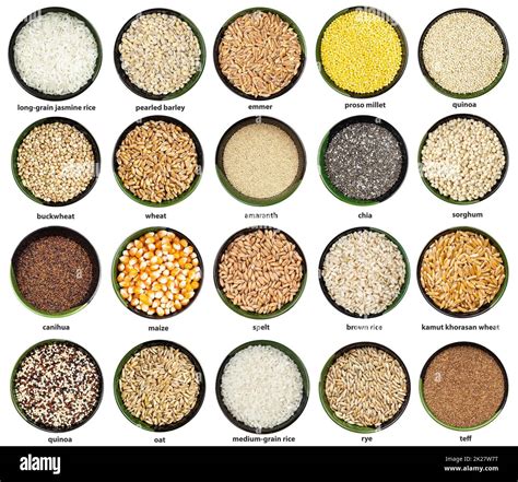 Set Of Various Grains In Bowls With Names Stock Photo Alamy