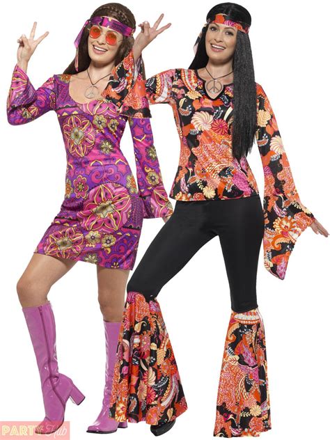women s fancy dress retro disco groovy hippy costume couples hippie fancy dress 60s 70s flower