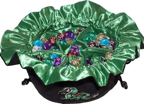 Large Dice Bag With Pockets Embroidered Green Dragon Dnd