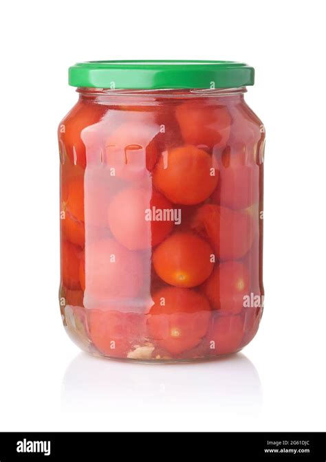 Front View Of Canned Cherry Tomatoes In Glass Jar Isolated On White