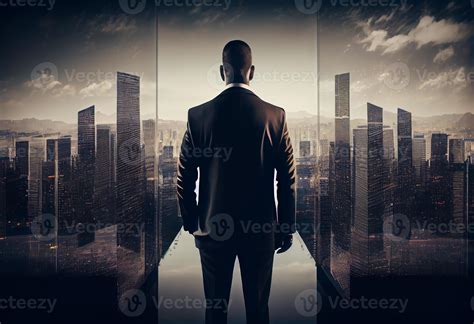 Business Man Standing Back With Cityscape In Office Skyscraper