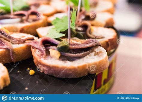 Anchovy Pintxos With Boiled Egg And Capers Spanish Tapas Called Pintxos Of The Basque Country