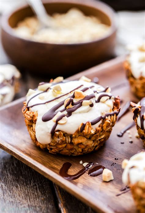 In a medium glass bowl combine granola, honey, and peanut butter with a wooden spoon until well combined. Granola Cups with Peanut Butter Yogurt, Bananas and ...
