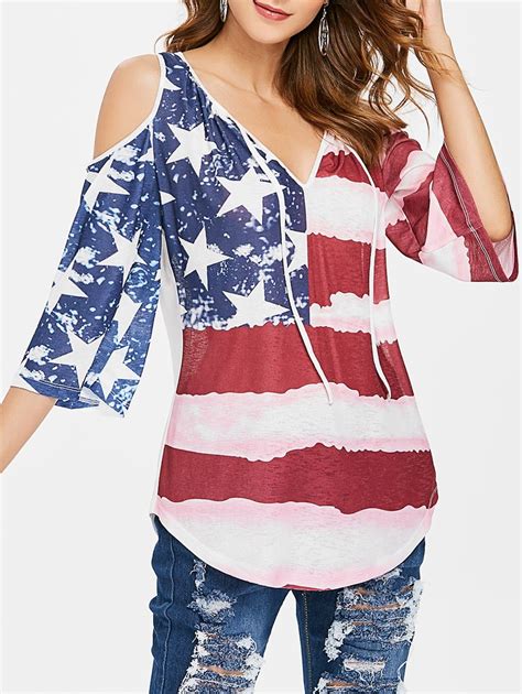 Patriotic American Flag Cold Shoulder Top Open Shoulder Tops Fashion