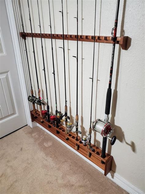 Solid Mahogany Rod Rack 46 Inch Wall Mounted Built In Fishing Pole