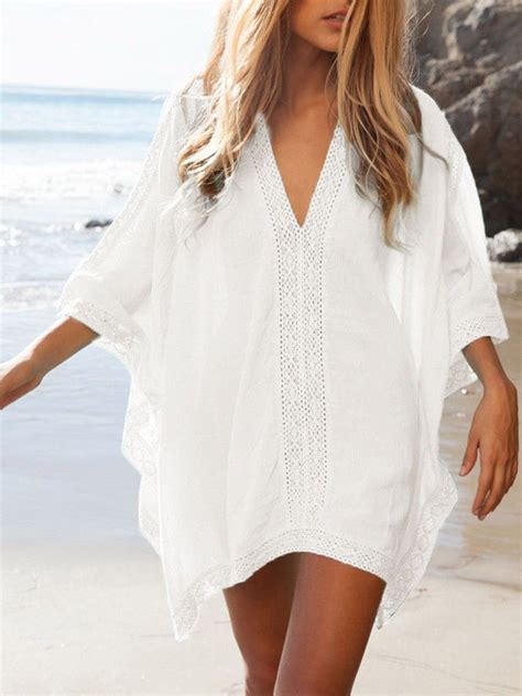 White Oversize V Neck Poncho Beach Cover Up Fashion