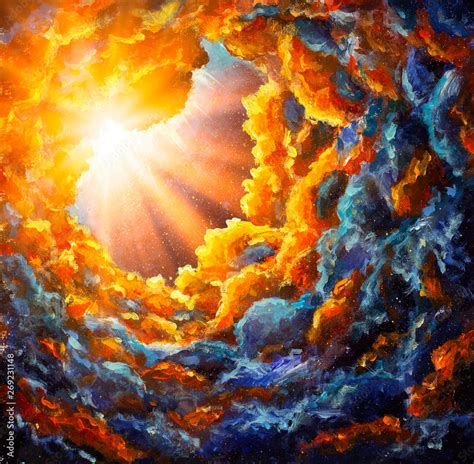 Painting Oil Beautiful Rays Of Sun Among Cosmic Clouds Universe Stars