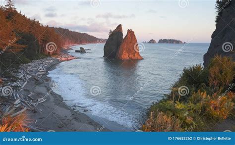 Late Sunset Shot Of Split Rock At Rialto Beach In The Olympic National