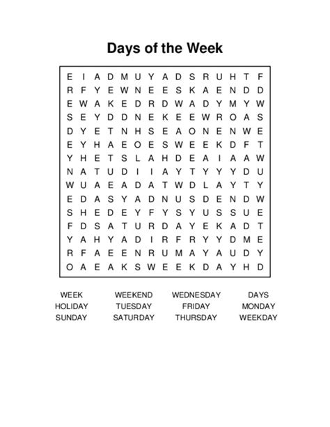 Days Of The Week Word Search