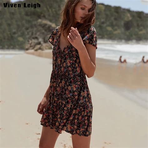 Viven Leigh Brand Boho Dress Sexy V Neck Floral Print Mini Short Dress