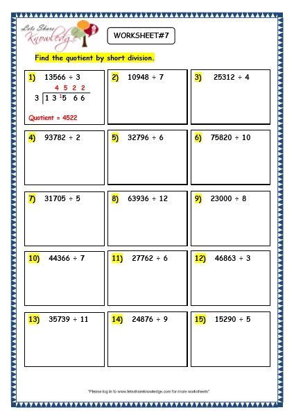 Grade 3 Maths Worksheets: Division (6.8 Short Division of 5 Digit