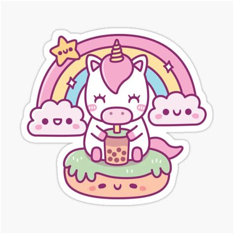 Cute Unicorn Drinking Bubble Tea Rainbow And Clouds Sticker For Sale
