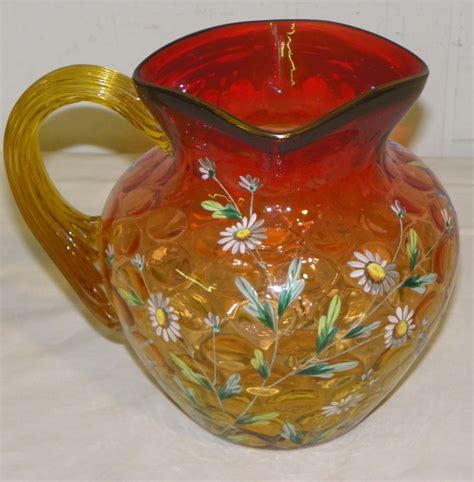 Bargain John S Antiques Antique Amberina Art Glass Pitcher Enameled Floral Design Bargain