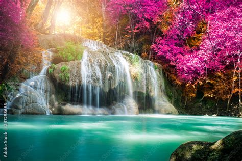 Amazing In Nature Beautiful Waterfall At Colorful Autumn Forest In