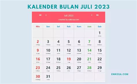 Kalender Bulan Juli 2023 Lengkap