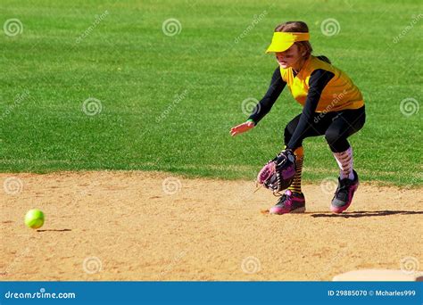 Softball Player Fielding A Ground Ball Stock Photo Image Of Outdoors