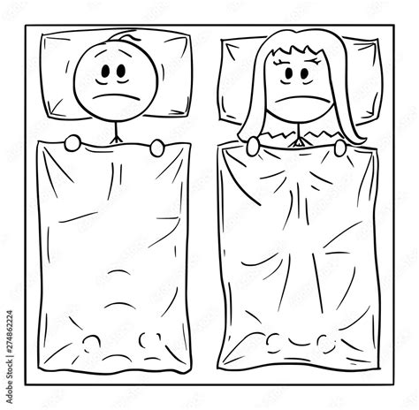 Vector Cartoon Stick Figure Drawing Conceptual Illustration Of Couple Lying In Bed Man And