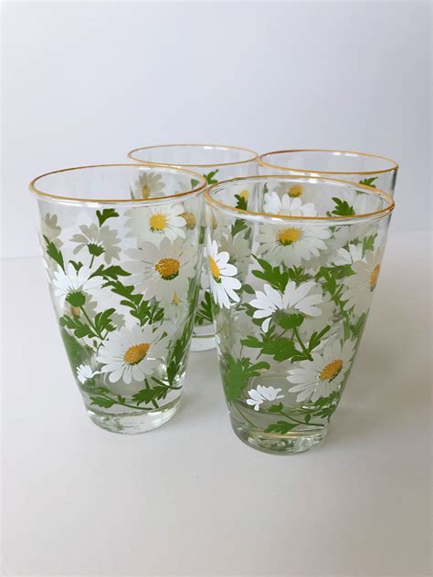 Vintage Floral Juice Glasses Vintage Glassware Daisy Drinking Cups Vintage Glassware