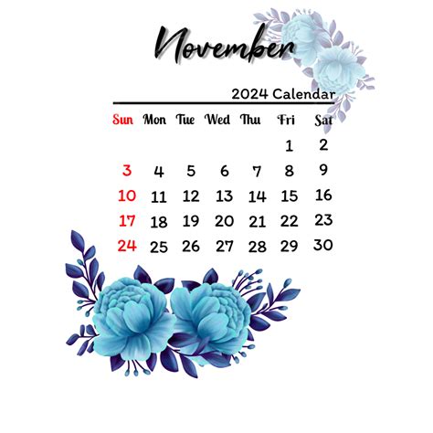 Calendário De Novembro De 2024 Com Flores Png Calendário Novembro