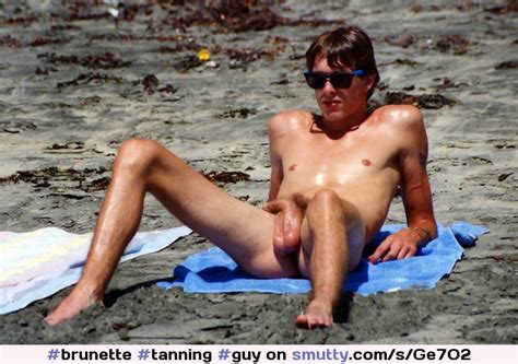 Brunette Tanning Guy Naked Naturist Nude Legsopen Semihard Oiled Shavedcock