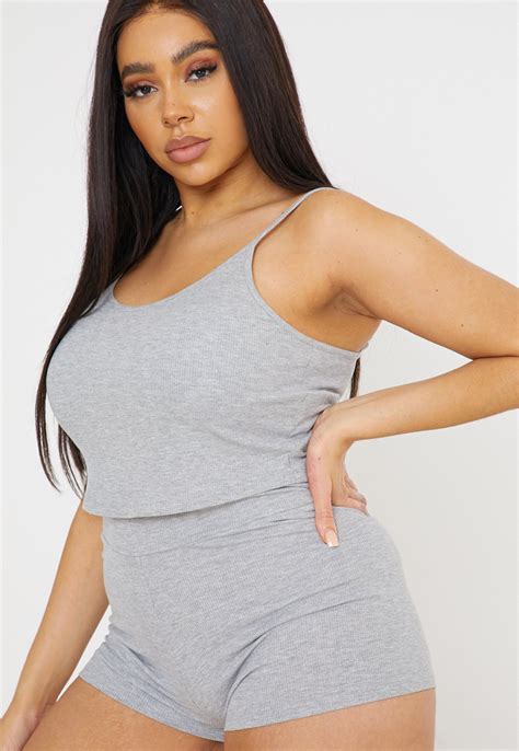 Plus Size Gray Rib Top And Booty Shorts Loungewear Set Missguided