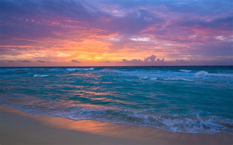 Meer Wellen Strand Sonnenuntergang Roten Himmel Hintergrundbilder