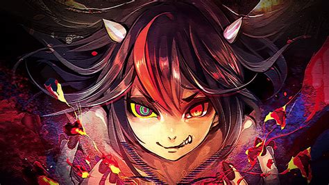 Black Haired Anime Wallpaper Touhou Black Hair Horns Fangs Hd