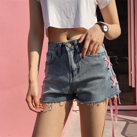 Buy Vintage Cross Bandage High Waisted Denim Shorts Women Fringe Short Jeans