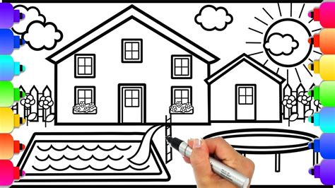 Learn How to Draw a House with Swimming Pool and Trampoline  House
