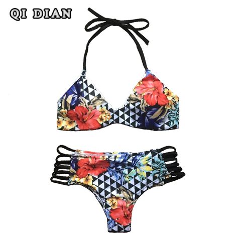 Qi Dian Sexy Bikini 2017 Swimwear Women Bandage Swimsuit Push Up Printed Bathing Suit Female