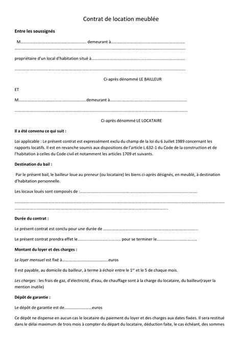 Contrat de location à usage d'habitation. Modelé de contrat de location meublée - DOC, PDF - page 1 ...