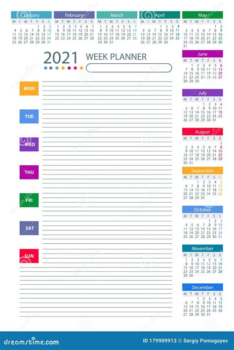 2021 Week Planner Calendar Week Starts Monday Stock Vector