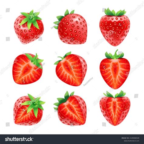 Realistic Strawberries Cut Half Quarters Whole Stock Illustration