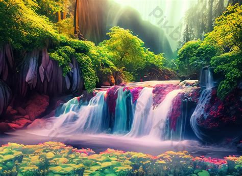 Beautiful Waterfall Nature Scenery Of Colorful Deep Forest Generative